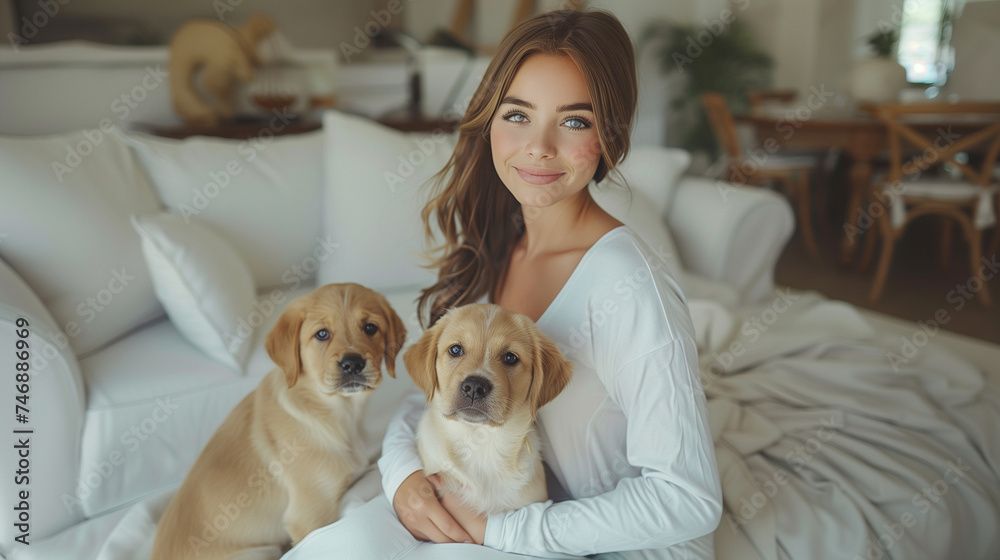 A young elegance woman sitting on sofa. play with 2 dogs in living room in modern house. white bright tone. minimal decor. A young elegance woman sitting on sofa. play with 2 dogs in living room in modern house. white bright tone. minimal decor.