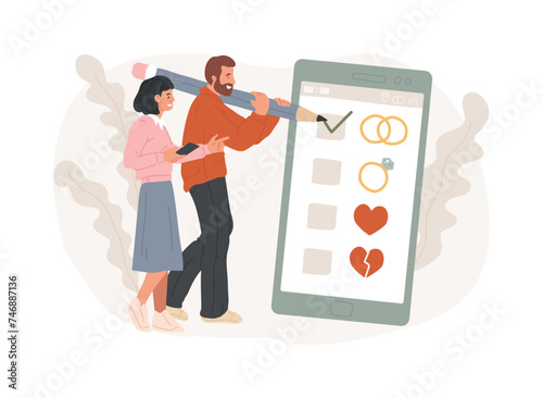 Relationship status isolated concept vector illustration. Relationship civil status, marital separation, divorce process, single, coupled, got married, social media, engaged vector concept.