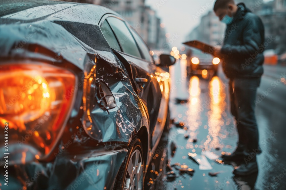 A damaged vehicle by the roadside with a person assessing the damage in the rain - obrazy, fototapety, plakaty 