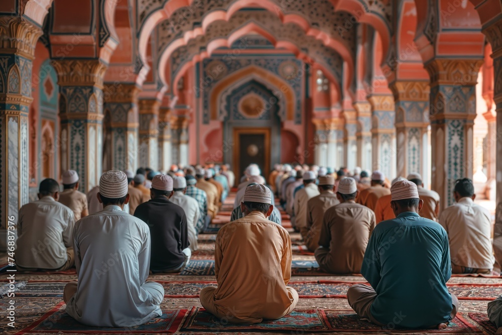 Prayer time at ornate mosque interior