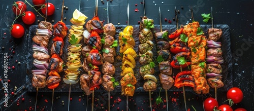 Multiple skewers are lined up with skewered pieces of meat, creating a repetitive pattern on a wooden surface. © 2rogan