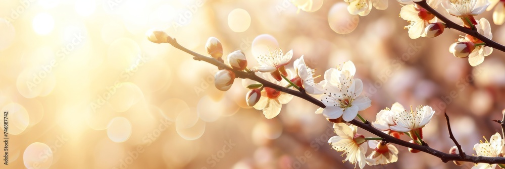 Branch with white flowers in sunlight