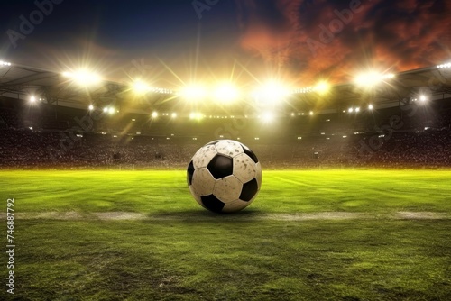 Close-up of soccer ball in the stadium in the evening light