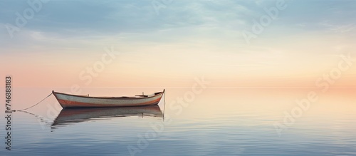 A boat peacefully floats atop a vast body of water, showcasing a serene scene of tranquility on the open sea. The boat remains still, anchored gracefully, in a timeless display of maritime elegance. photo