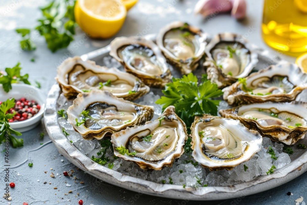 Plate of fresh oysters with lemon on restaurant table Plate of fresh oysters with lemon on restaurant table