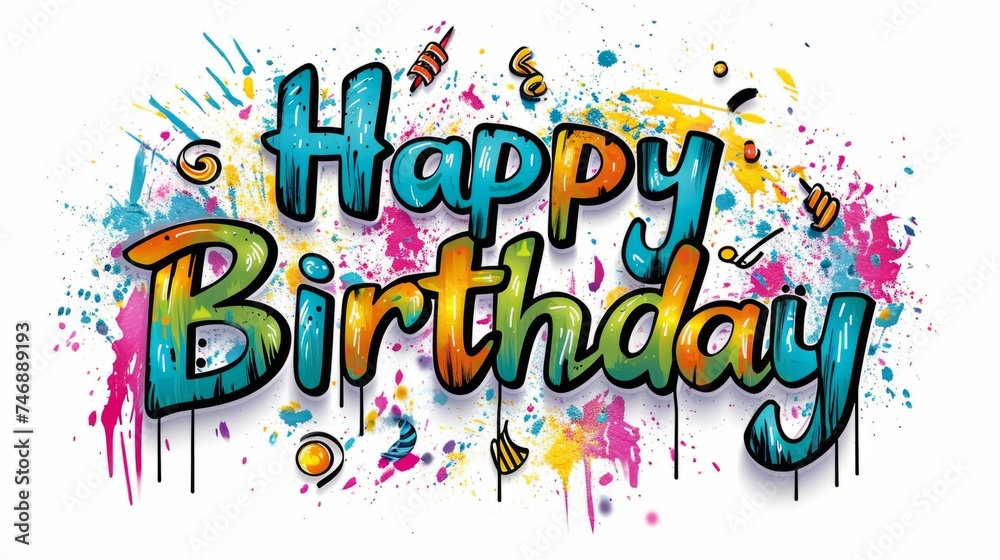 Words Happy Birthday isolated on white background made in Graffiti Calligraphy style. Decorative lettering of phrase Happy Birthday. Creative postcard. Ai Generated Digital art poster.