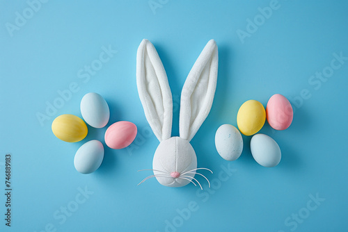 Easter Bunny Ears and Pastel Eggs on Blue