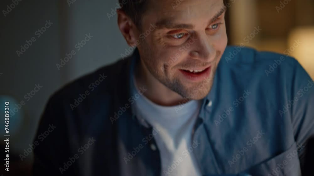 Late accountant hands calculating cellphone evening house closeup. Laughing man