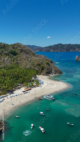 Drone aerial view of Isla Tortuga, tropical paradise beach island in Costa Rica central america Nicoya peninsula