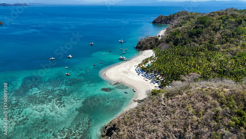 Drone aerial view of Isla Tortuga, tropical paradise beach island in Costa Rica central america Nicoya peninsula