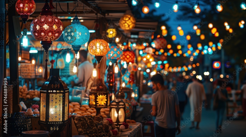 Traditional lanterns illuminating a bustling night market street, reflecting the concept of culture, local cuisine, and community gatherings