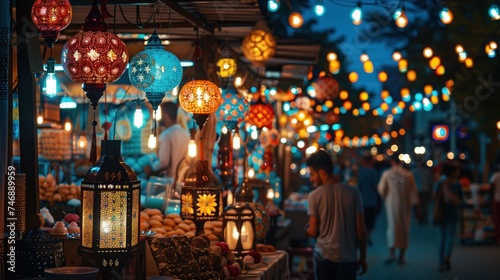Traditional lanterns illuminating a bustling night market street  reflecting the concept of culture  local cuisine  and community gatherings