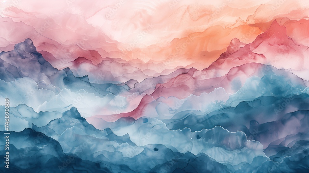 Watercolor painting depicting layered mountain ranges with a gradient from warm to cool tones, evoking a serene atmosphereConcept of art, tranquility, and natural landscapes
