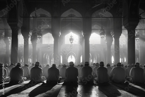 Silhouetted worshippers gather for prayer inside a serene, architecturally stunning mosque
