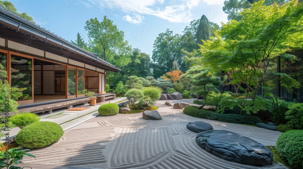 Zen garden with neatly raked sand, trimmed bushes, and smooth stones, reflecting the essence of Japanese gardeningConcept of zen, tranquility, and Japanese garden aesthetics