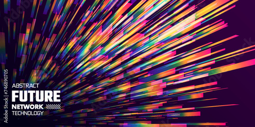 Abstract futuristic technology background with digital data flow visualization for hi-tech and science concept. High speed wireless big data transmission. Rainbow light trails. Vector illustration