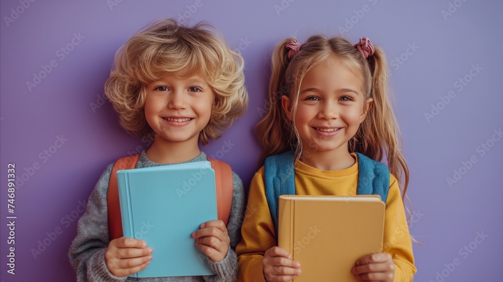 Happy kids holding books on purple background. Study concept. Learning concept. School concept. Back to school concept. Knowledge concept. Education concept.