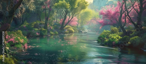 A painting depicting a meandering river cutting through a dense forest during the vibrant spring season. The lush trees surround the water, creating a serene and picturesque scene.