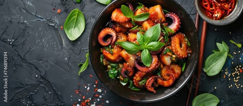 An overhead view of a bowl filled with octopus and spinach stir-fried with holy basil and herbs. The dish is cooked in Asian style, with a mix of flavors and textures.