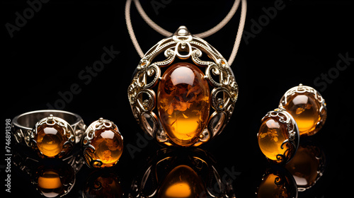 Luxurious Amber Jewelry Set Featuring Necklace, Earrings, and Ring on Dark Backdrop - Vintage Aesthetic