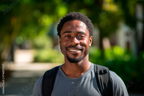 Portrait of a 30-year-old African-American man smiling and looking at the camera on a college campus. 