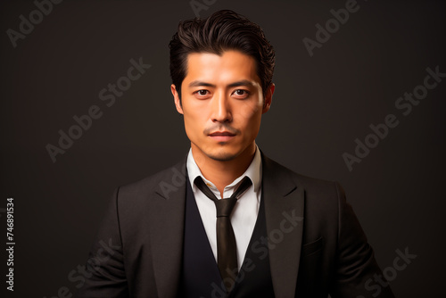 Portrait of a successful asian businessman looking at camera, grey background, isolated. 