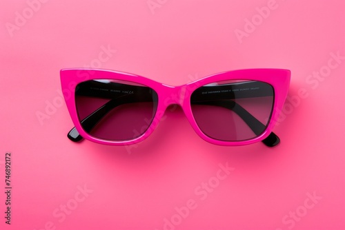 Stylish Pink Sunglasses on Pink Background. Retro Fashion Eyewear for Women. Ideal for Summer. Femininity and Beauty Concept. Mockup for Text Placement. Great for Advertising and Fashion Blogs.