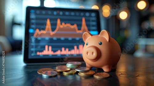 A piggy bank surrounded by coins and money on a table, symbolizing savings, investment, and financial planning, with elements of online banking and economy depicted through a laptop and calculator