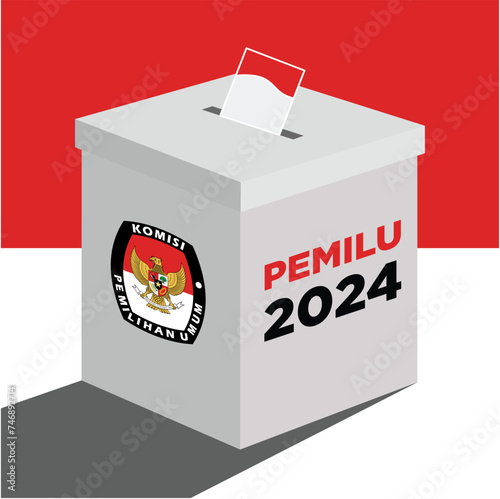 Indonesian election day pemilu or president election pilpres 2024 box with red and white flag background
