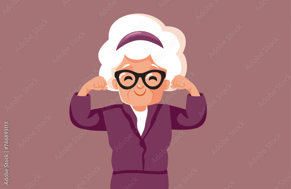 Happy Strong Elderly Woman Flexing Muscles Vector Cartoon Character. Powerful grandma feeling energized and self-confident 
