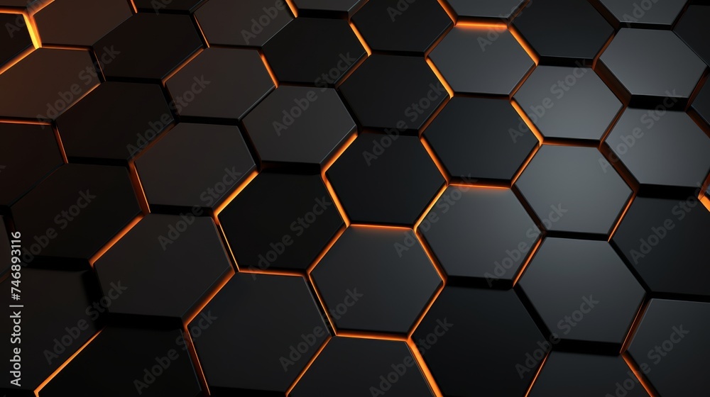 Abstract 3d rendering of the black light orange hexagonal cellular structure with geometric background , High Tech, dark background, digital data background 3d render polygon.