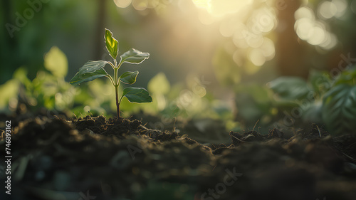 A new plant emerges from soil against a backdrop of golden sunlight and bokeh  symbolizing growth and new beginnings. 