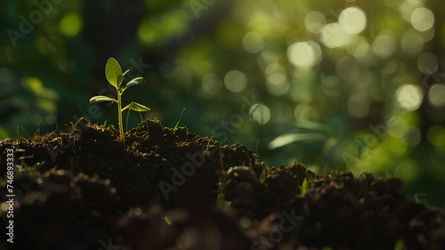 A new plant emerges from soil against a backdrop of golden sunlight and bokeh, symbolizing growth and new beginnings. 