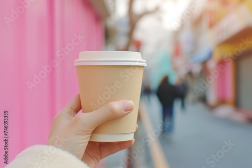 paper cup of coffee in hand against the background of the street