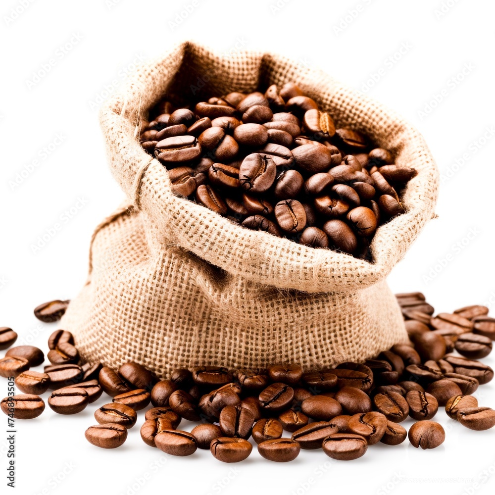 A burlap bag spilling roasted coffee beans, representing freshness and quality in coffee products. A burlap bag spilling roasted coffee beans, representing freshness and quality in coffee products.
