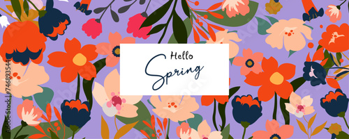 Beautiful flower collection for hello spring card with roses, leaves, floral bouquets, spring flowers compositions. Trendy poster, web banner or cover for Easter, birthday and Mothers Day.