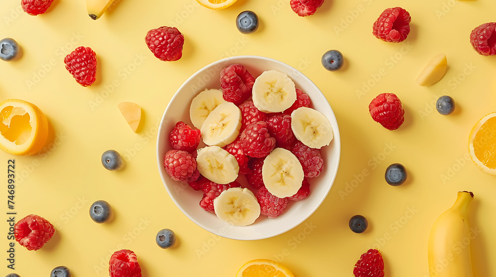 Bowl of bananas and raspberries with scattered blueberries and orange slices on a yellow background. Flat lay composition with place for text. Healthy eating and nutrition concept. Design for menu Bowl of bananas and raspberries with scattered blueberries and orange slices on a yellow background. Flat lay composition with place for text. Healthy eating and nutrition concept. Design for menu