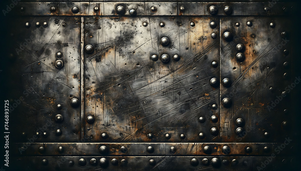 Textured metal surface with rivets and scratches, displaying an industrial and grunge aesthetic.