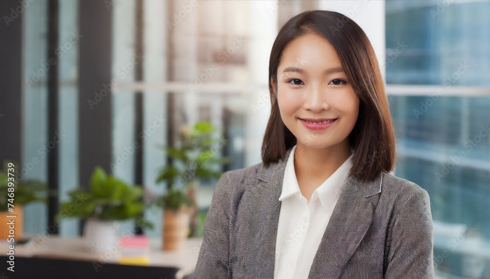Happy young Asia business woman with colorful, Happy and cool smile on face and office background