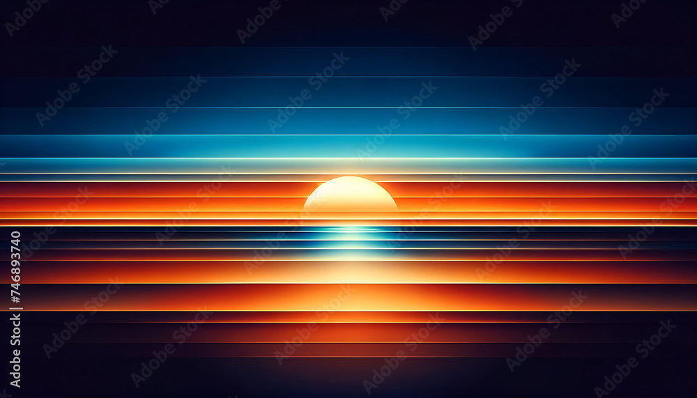 Abstract landscape with layered horizontal stripes in blue and orange tones depicting a stylized sunset over water.