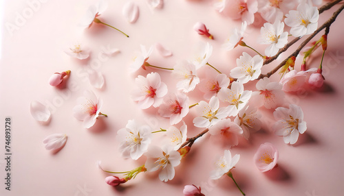 Soft-focused cherry blossoms delicately arranged on a pastel pink background, showcasing spring's gentle beauty.