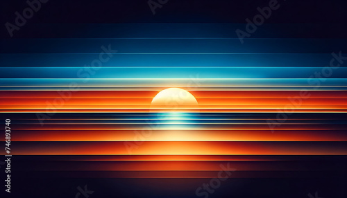 Abstract landscape with layered horizontal stripes in blue and orange tones depicting a stylized sunset over water.