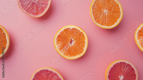 Sliced oranges and grapefruits on pink background. Flat lay composition with copy space. Healthy eating and summer refreshment concept. Design for recipe card, food blog banner, menu.