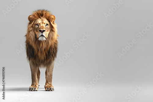 Majestic lion standing and facing forward on a light grey background. Studio animal portrait concept for design and print, suitable for wildlife advocacy or educational content