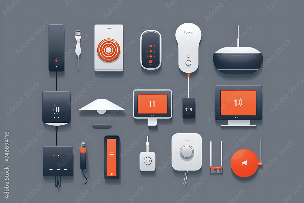 Assorted smart home devices with digital interfaces on a dark grey background. Digital illustration of home automation concept. Design for poster, web banner, and technology-themed background - obrazy, fototapety, plakaty 