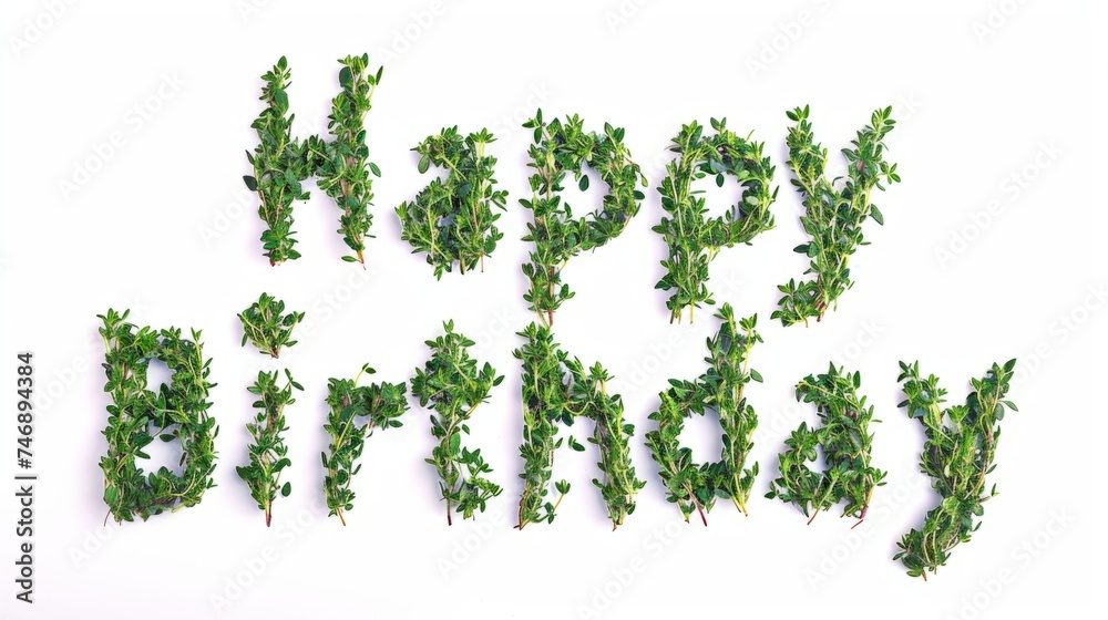 Words Happy Birthday isolated on white background made in Thyme Typography style. Decorative lettering of phrase Happy Birthday. Creative postcard. Ai Generated Digital art poster.