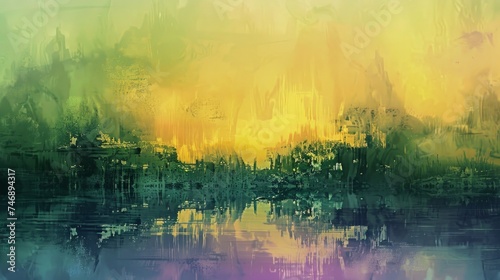 A striking abstract painting that offers an artistic interpretation of a cityscape reflected over water, using a blend of vibrant colors and textured brushstrokes.