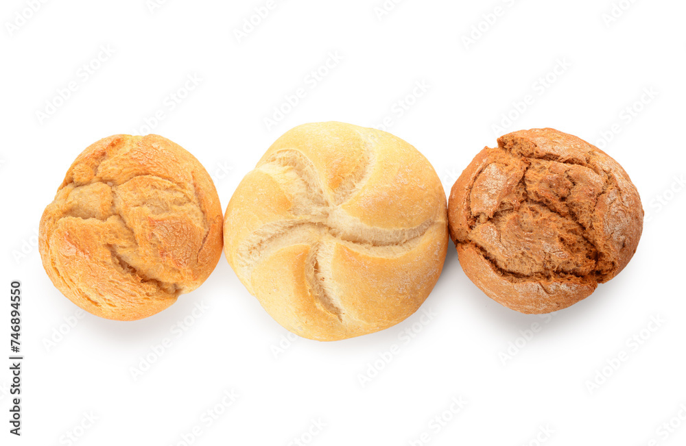 Different delicious buns on white background