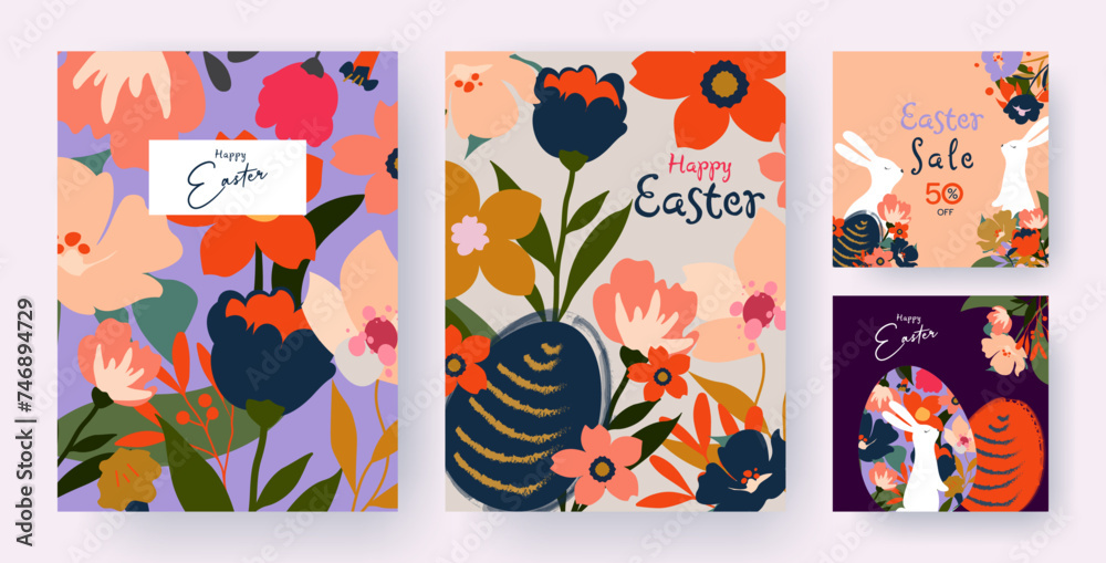 Set of Happy Easter greeting card with easter rabbit, eggs, roses, leaves, floral bouquets, spring flowers compositions. Trendy poster, banner, header or cover for website. Colorful flower collection