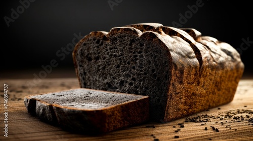 A loaf of charcoal bread, sliced, highlighting the unique dark crumb, on a wooden surface.